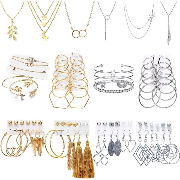 51 PCS Gold Silver Jewelry Set with 6 PCS Necklace,9 PCS Bracelet,36 PCS… - Picture 1 of 12